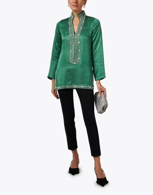 Elegant Marilyn Green Crystal-Embroidered Linen-Viscose Tunic Top