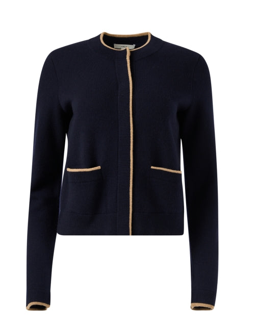Stylish Navy Wool-Cashmere Blend Cardigan with Contrast Trim