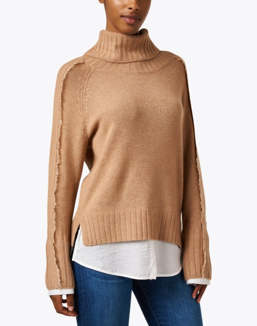 Stylish Jolie Tan Wool Cashmere Layered Turtleneck Sweater
