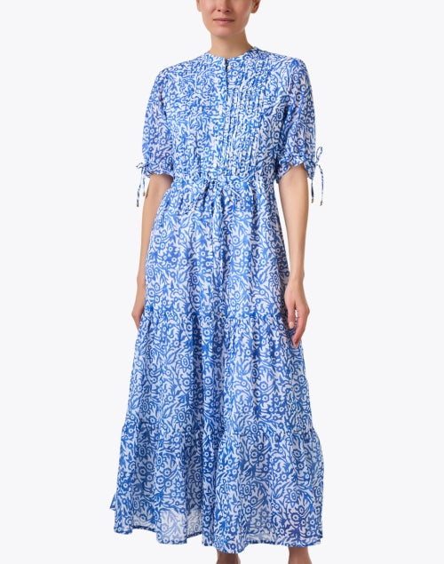 Stylish Cypress Blue Floral Adjustable Waist Cotton Dress