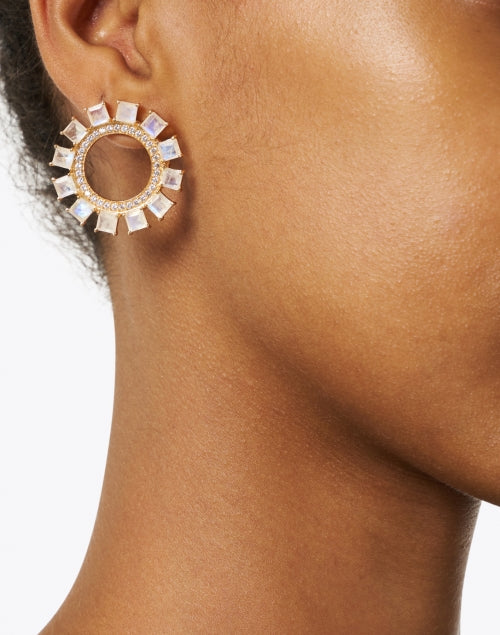 Gorgeous Gold-Plated Brass Circle Hoop Earrings with Moonstones and Pave Zirconia Crystals by Atelier Mon