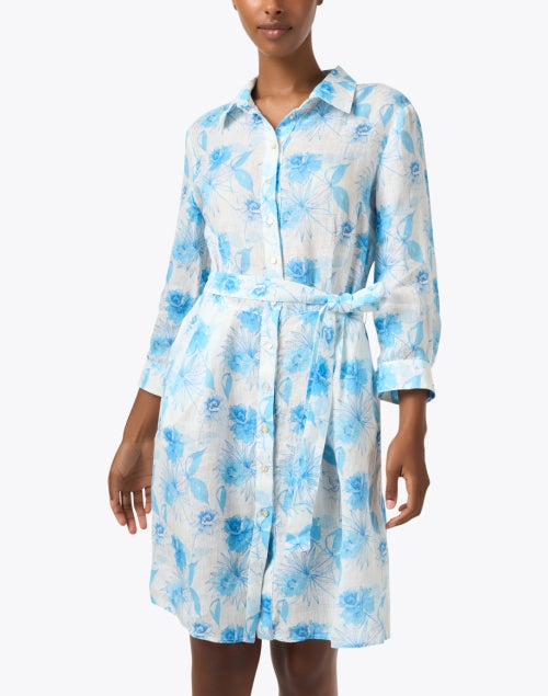 120% Lino Women's Breathable White and Blue Floral Print Linen Shirt Dress for Sunny Days