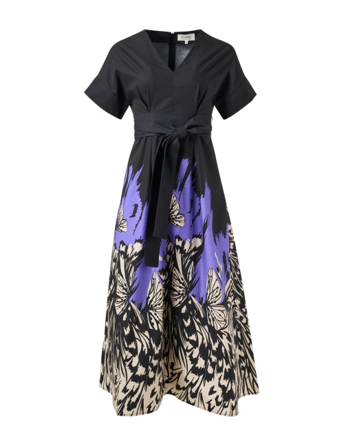 Stylish Solid Black Bodice with Vibrant Butterfly Print Midi Dress