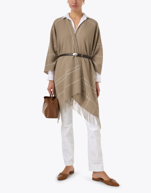 Stylish Beige and White Finely - Woven Wool Cape for Layering
