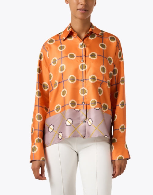 Stylish Orange Geometric Print 100% Silk Button-Down Blouse