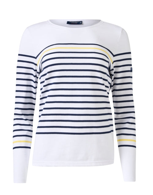 Etel Navy and White Striped Long - Sleeve Cotton Top with Yellow Accent
