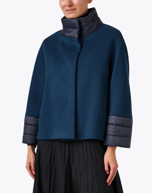Navy Blue Women's Puffer Collar Woolen Winter Coat