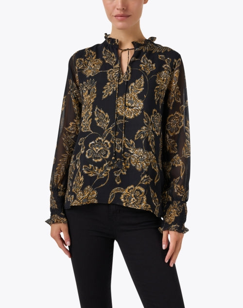 Black Cotton Top with Elegant Gold Floral Motif by Bella Tu
