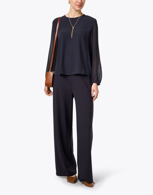 Navy-Colored Ponte Fabric Wide-Leg Women's Trousers