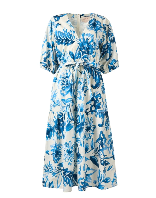 Joyce Feminine Blue and White Floral Print Cotton Dress with Adjustable Waist