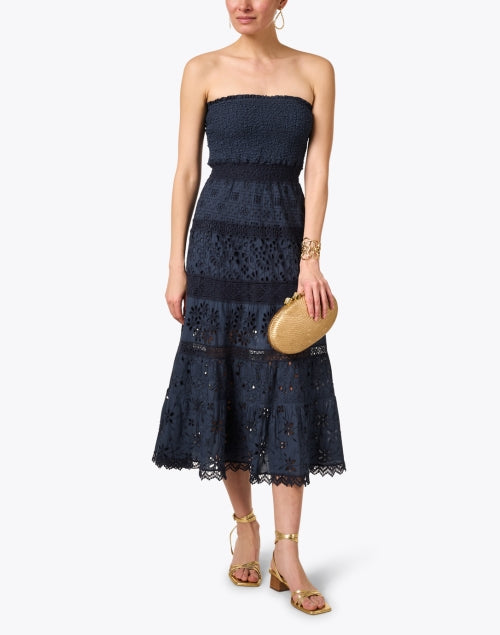 Stylish Navy Cotton Eyelet Embroidered Strapless Dress