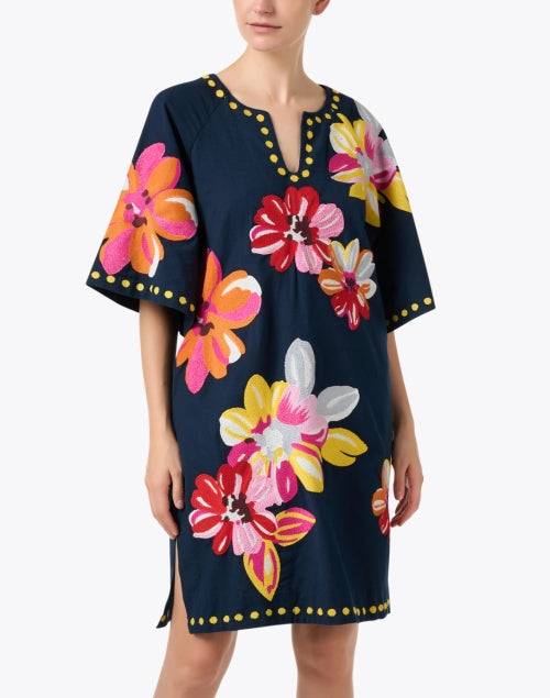 Alluring Navy Floral - Printed Cotton - Linen Mini Kaftan by Frances Valentine