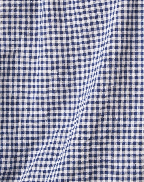 Navy Blue Gingham Pattern 100% Linen Casual Henley Top for Women by CP Shades