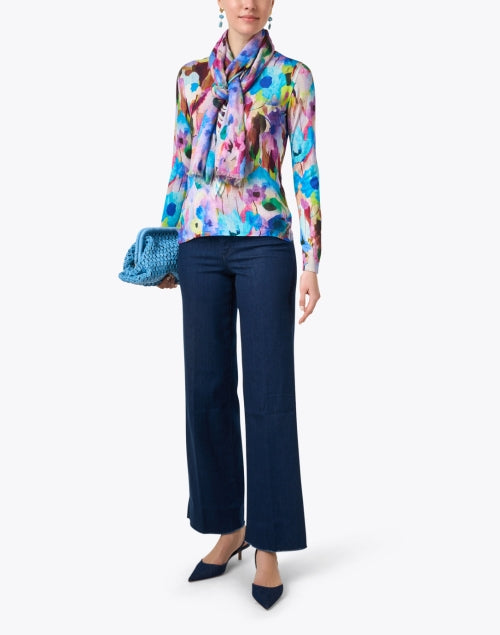 Stylish Blue Abstract - Patterned Cashmere - Silk Blend Sweater