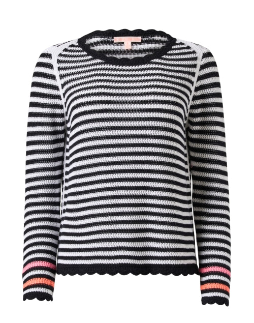 Stylish Black-and-White Striped 100% Cotton Sweater with Scallop Trim
