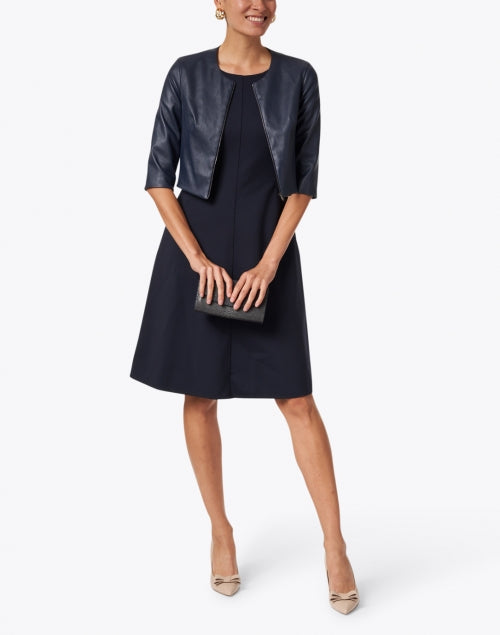 Navy Blue Stretchable Leather Women's Cropped Fashion Jacket