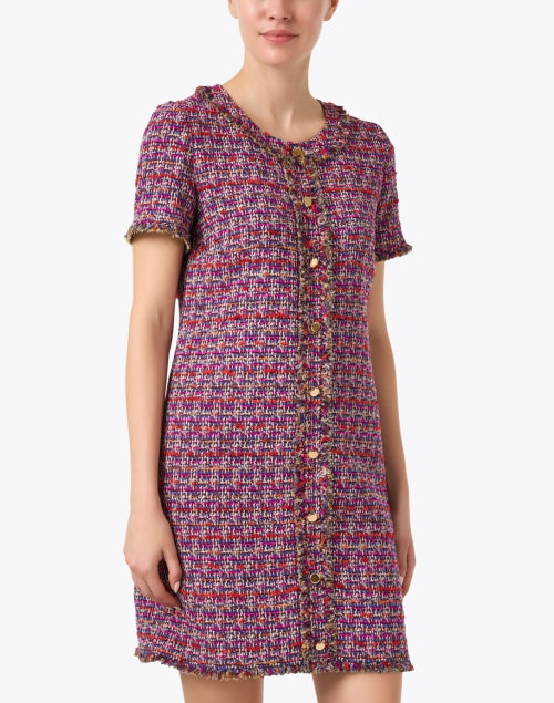 Santorelli's Shea-style Magenta Tweed Mini Dress with Fringe and Faux Gold Button Closure