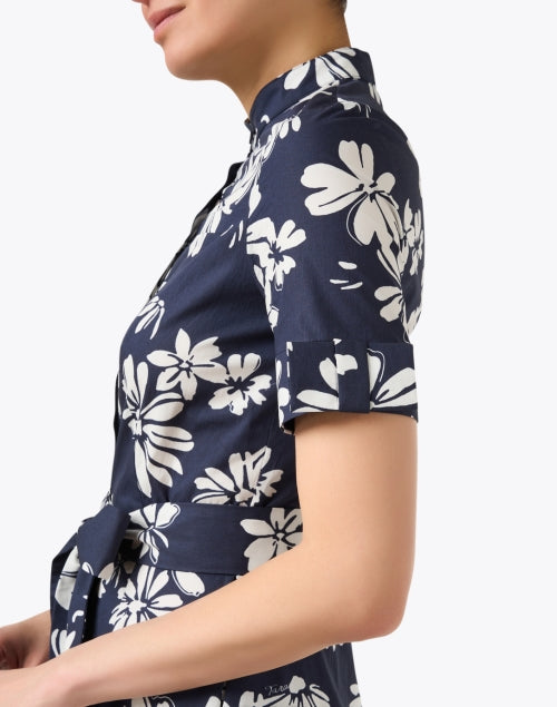 Navy Floral Print 100% Cotton A-Line Ricochet Dress with Self-Tie Belt