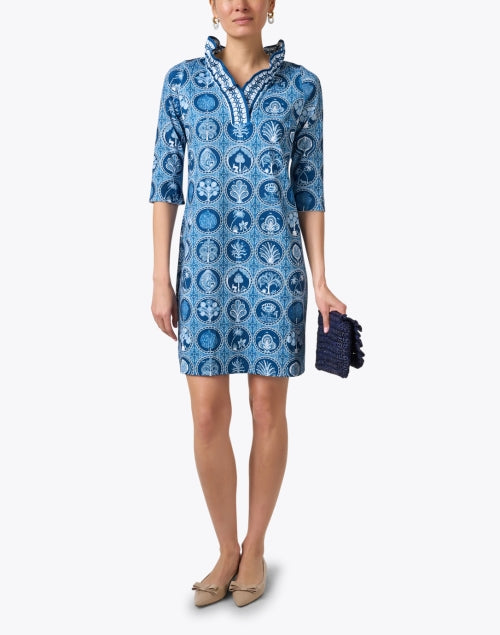 Stylish Navy Circular Print Ruffle V-Neck Women's Dress