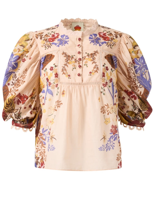 Charming Pink Floral Print Cotton Blouse with Puff Sleeves