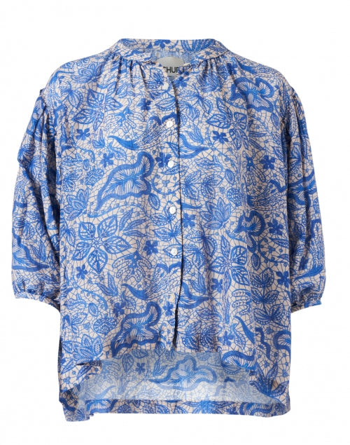 Nora Women's Blue Botanical Print Cotton - Silk Casual Blouse for Warm Weather