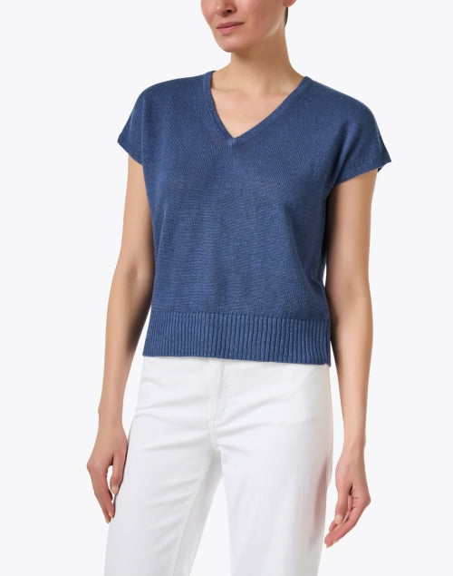 Navy Blue 100% Linen Cap Sleeve Elegant Sweater for Stylish Layering