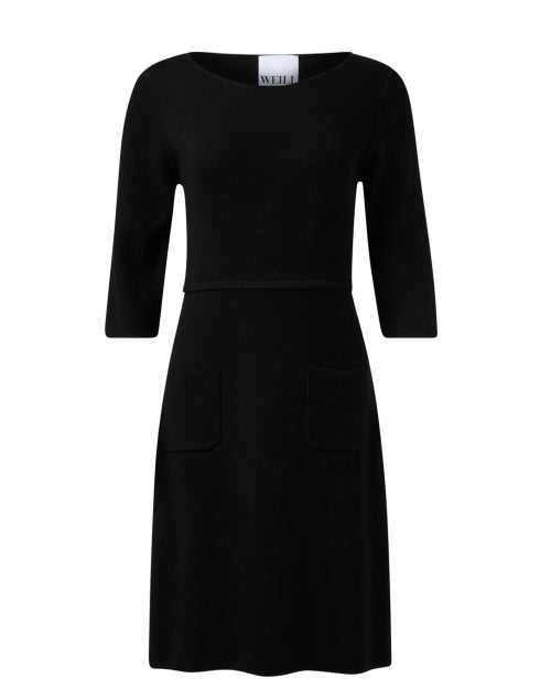 Stylish Black 100% Wool Sheath Dress with Patch Pockets and Round Neck
