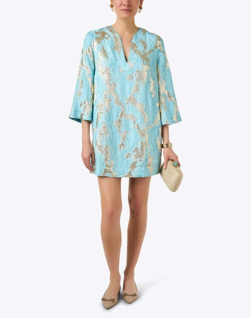 Exquisite Ines Turquoise and Gold Metallic Jacquard Shift Dress