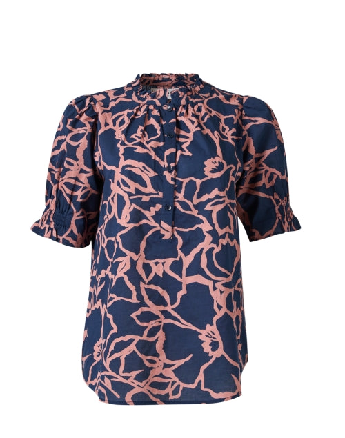 Navy Printed Cotton Top with Ruffle Collar from Los Altos