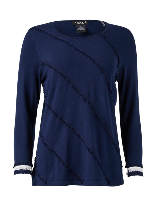 Navy and White Fringed Knitted Women's Top for Modern Wardrobe
