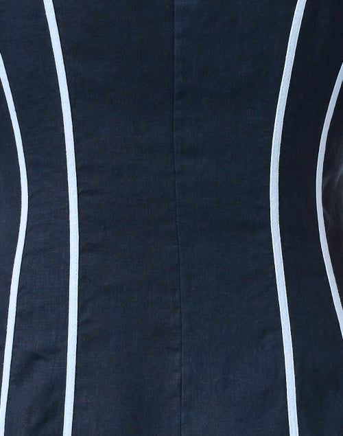 Stylish Light Blue Piped 100% Linen Maxi A-Line Navy Shirt Dress