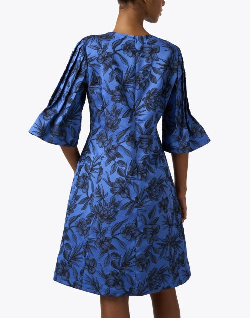 Stylish Blue and Black Floral Printed Dress with Pleated Sleeves