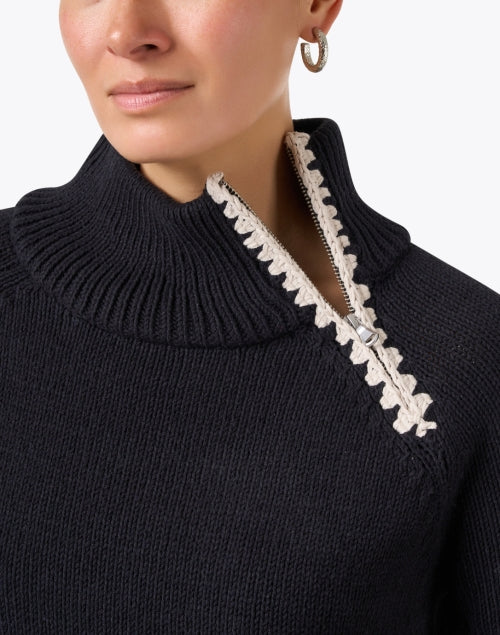 Stylish Black Zip-Up Sweater with Contrast Stitch and Ribbed Trim