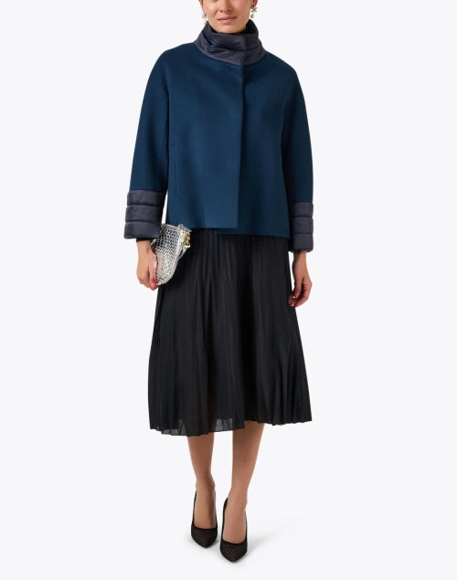 Navy Blue Women's Puffer Collar Woolen Winter Coat