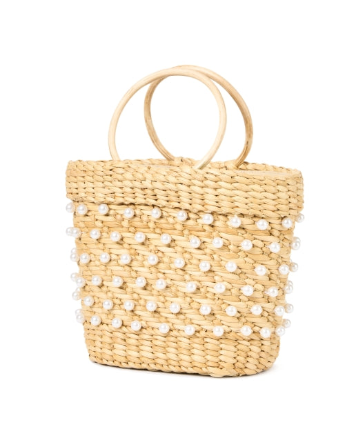 Stylish Faux - Pearl Studded Hand - Woven Mak Tan Mini Tote Handbag
