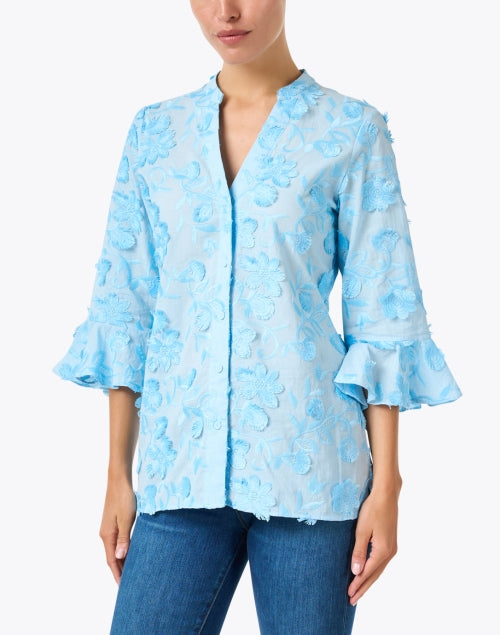 Arielle Women's Blue Floral-Embroidered Cotton Blouse for Casual Wear
