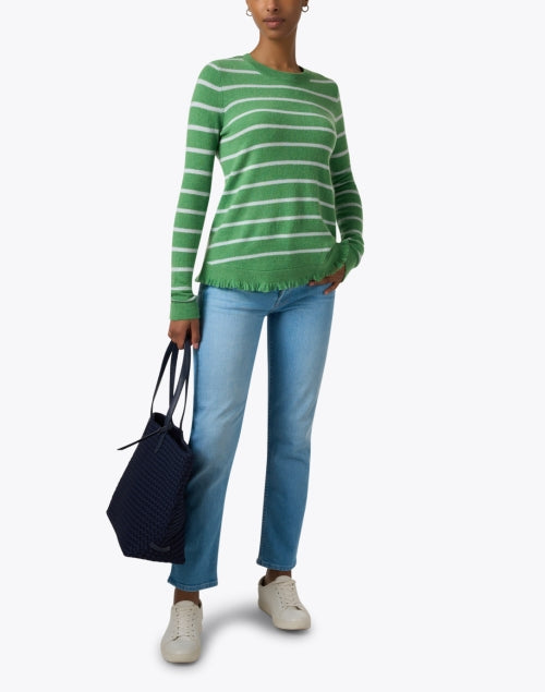 Lightweight Green Striped Crew Neck Cashmere Sweater for Spring and Summer