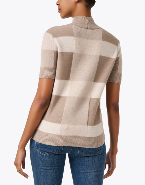 Beige Neutral Check Pattern Short Sleeve Wool Cashmere Blend Sweater