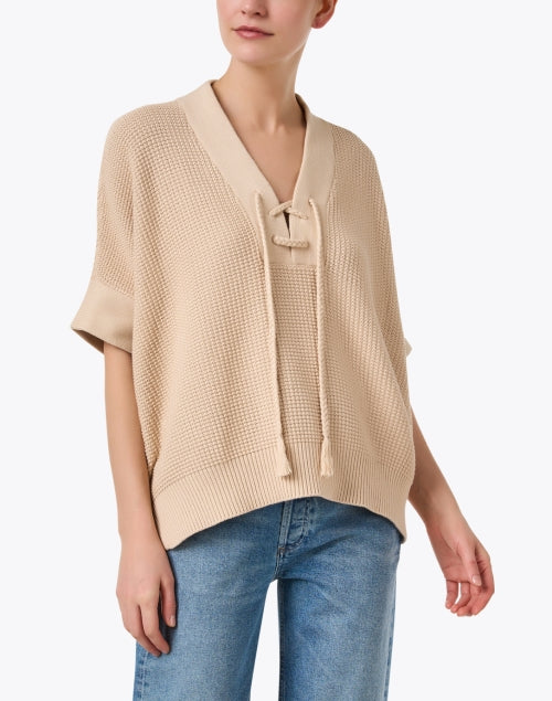 Soft Tan Cotton Waffle Knit V-Neck Relaxed Poncho