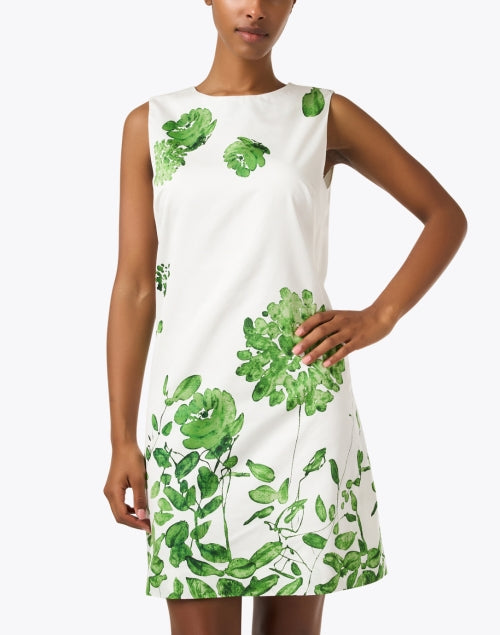 Lightweight 100% Cotton White and Green Ortensia Print Shift Mini Dress