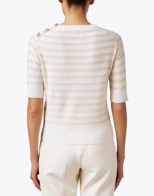 Stylish Beige and Ivory Striped Short - Sleeve Wool Cashmere Blend Crew Neck Sweater