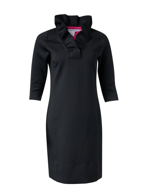 Stylish Black Dress with Ruffled V - Neck and Elbow - Length Sleeves