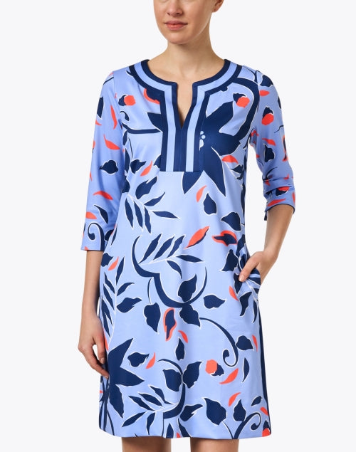 Printed Blue and Crimson Floral Women's Tunic-Style Dress