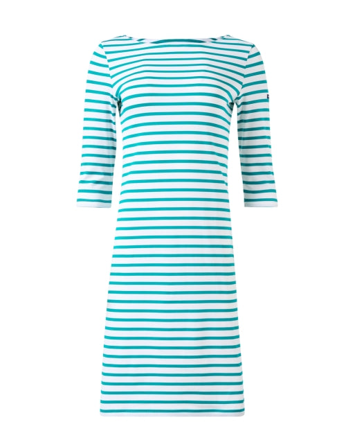 Stylish Saint James Green and White Horizontally Striped Stretch Dress