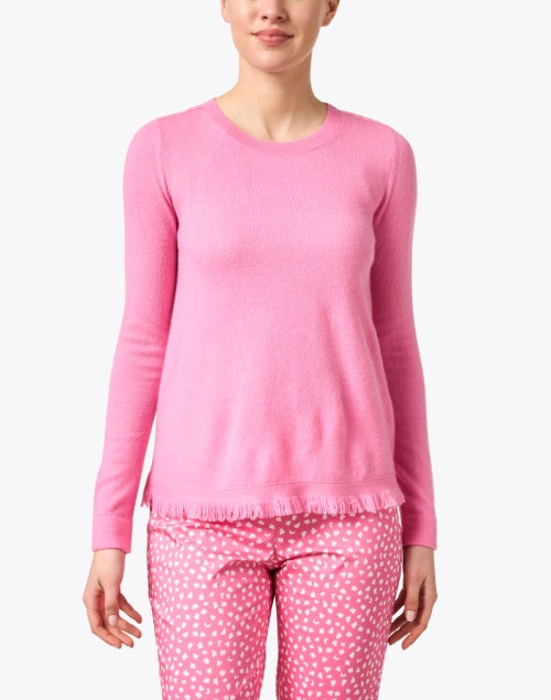 Soft Pink Cashmere Crew Neck Sweater with Stylish Fringe Hem