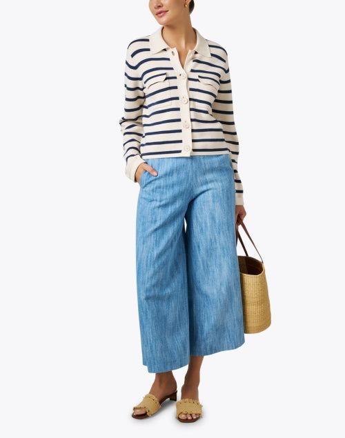 Stylish Ivory and Navy Striped Women's Cotton Knit Cardigan for Everyday Wear