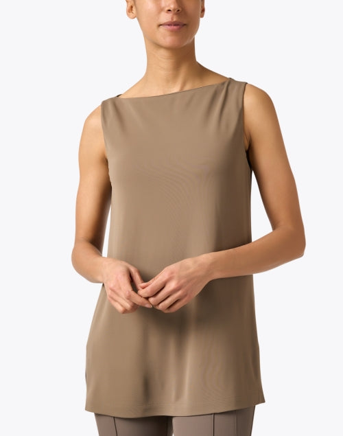 Elegant Taupe Stretch Jersey Sleeveless Longline Blouse