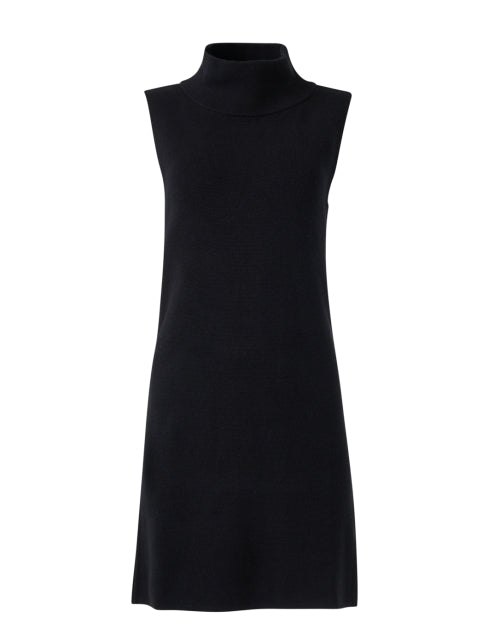 Stylish Parisian Black Cotton Cashmere Mini Turtleneck Dress