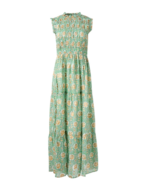 Exquisite Mughal-Style Green and Gold Floral Print Smocked Maxi Dress for Women