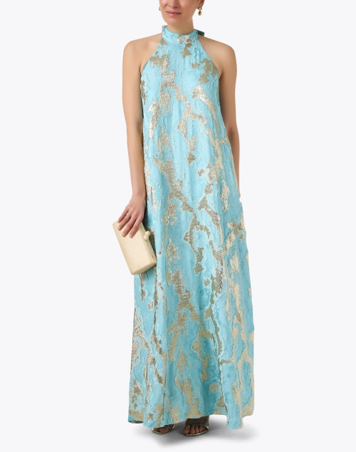 Elegant Adelina Turquoise and Gold-Colored Jacquard Evening Dress